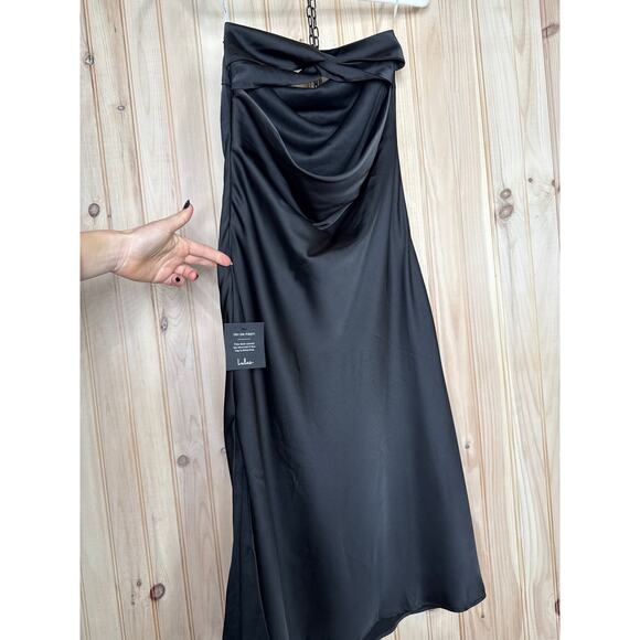 NWT Lulus Effortless Bliss Black Satin Strapless Cowl Back Midi Dress Cocktail S - Picture 5 of 10